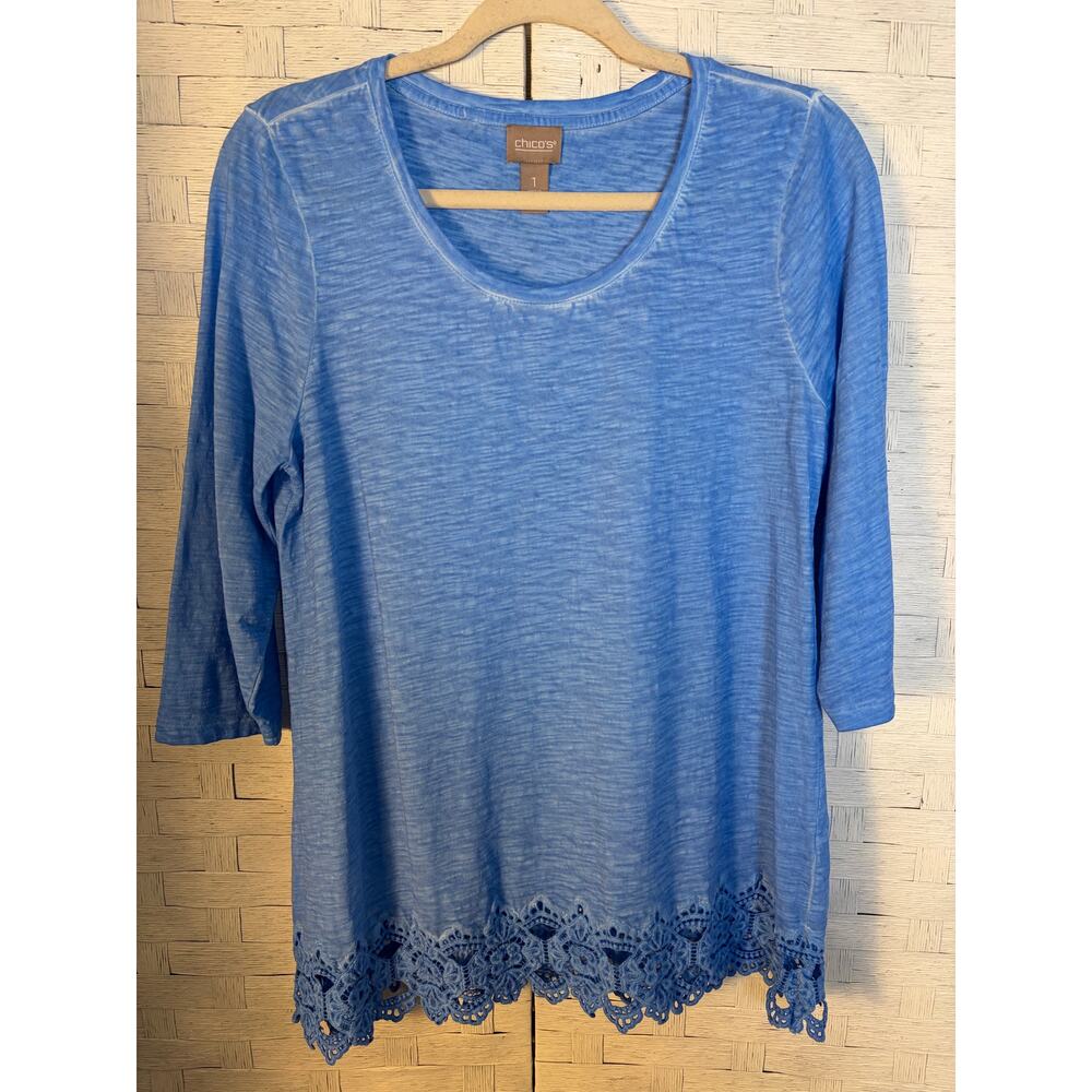 Chicoβs womenβs Tβ shirt 3/4 sleeves lace hem bohemian romantic feminine blue οΏΌ